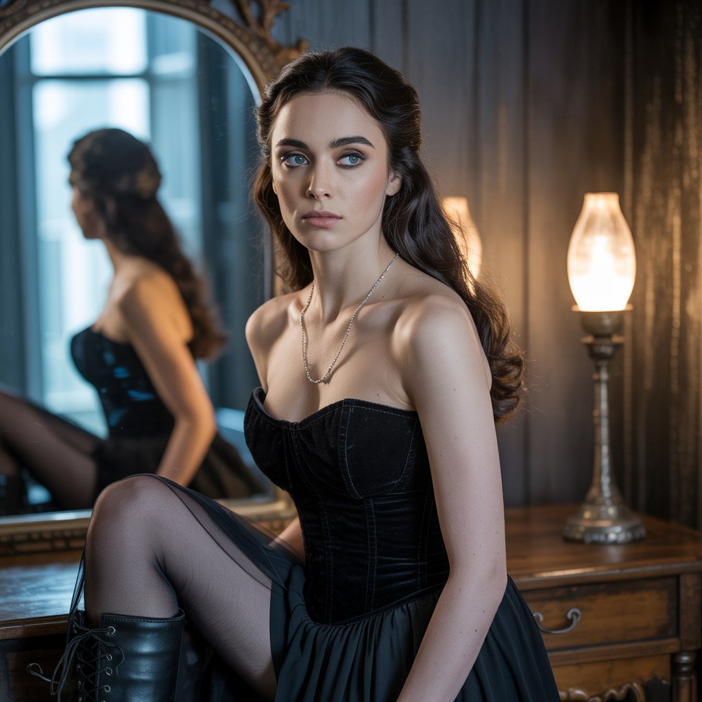 Fille gothique avec des roses noires dans un cimetière romantique