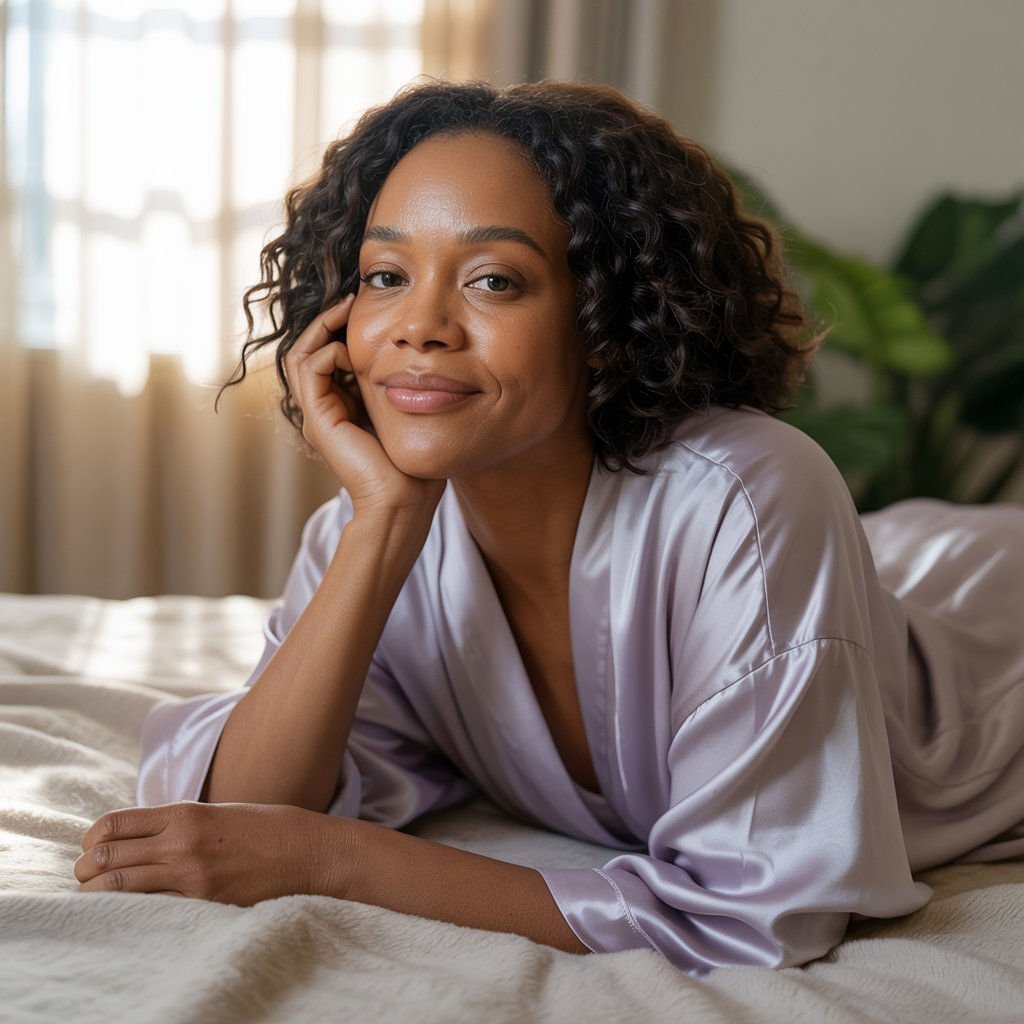 IA souriante avec fond lumineux et ambiance chaleureuse sur smartphone